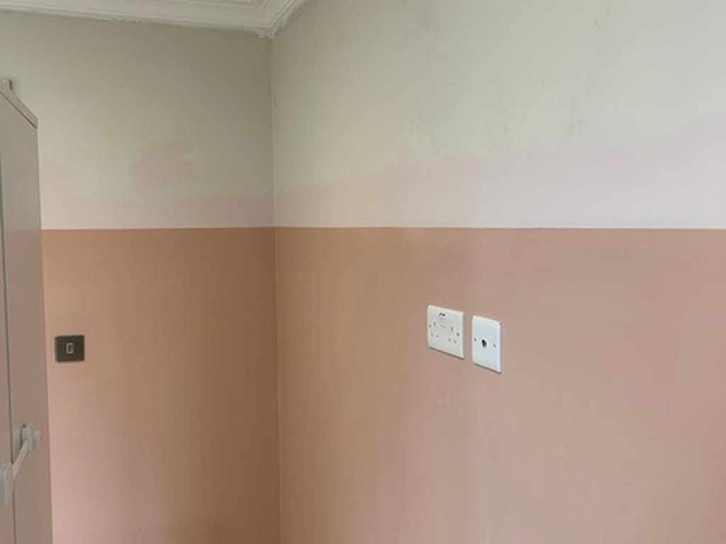 Bedroom wall being painted in two tones with a clean cut-in line and white coving