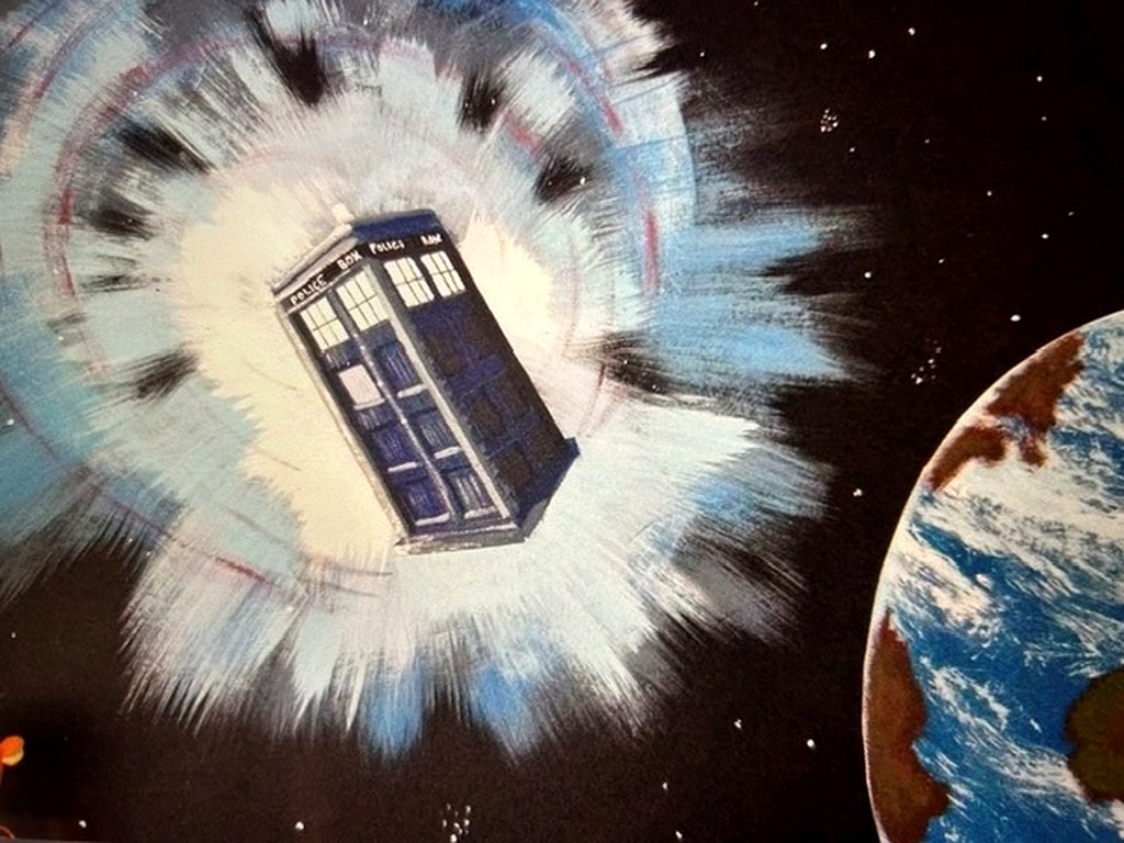 Hand painted space scene mural with a blue police box and planet Earth