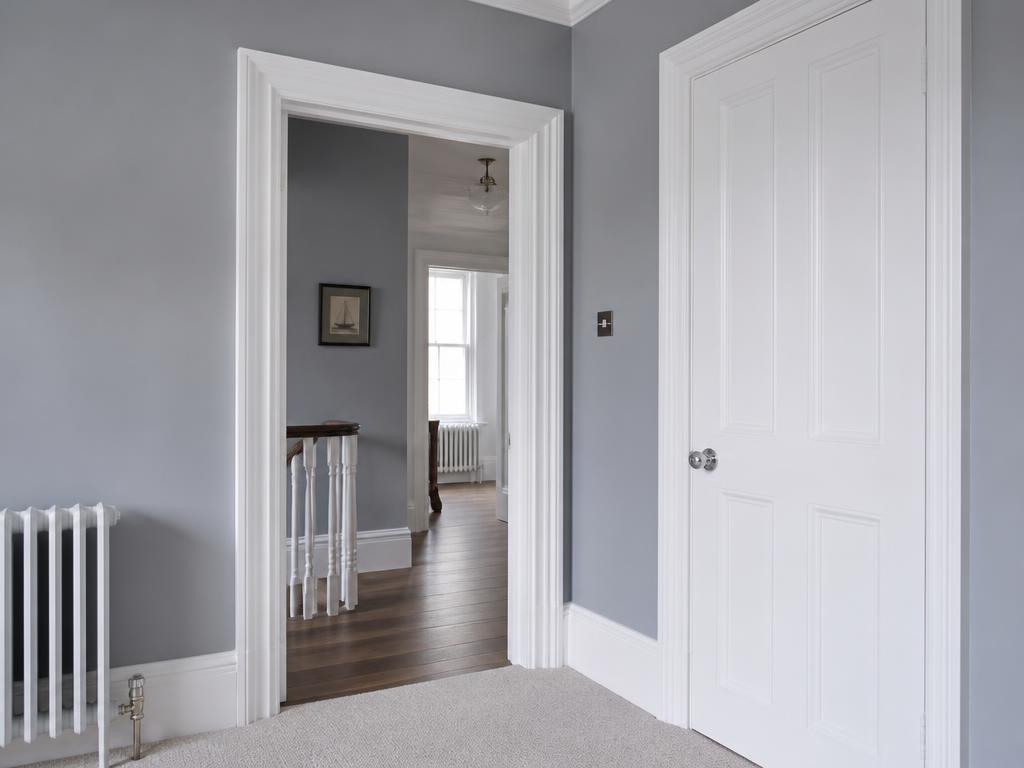 Freshly painted white interior doors, frames and skirting boards